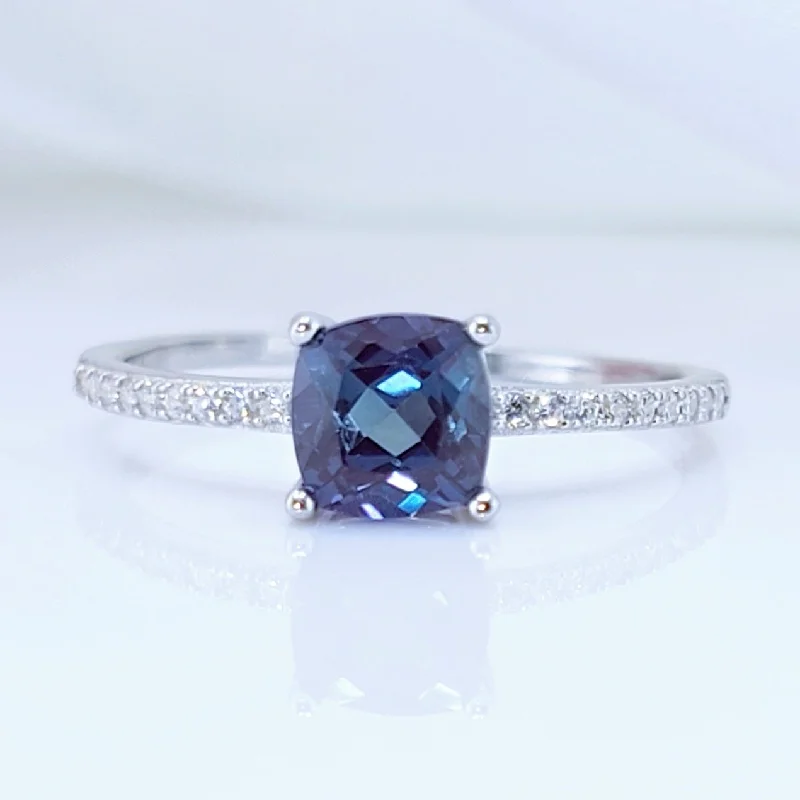 designer engagement rings for women-Cushion Cut Alexandrite Gemstone Engagement Ring