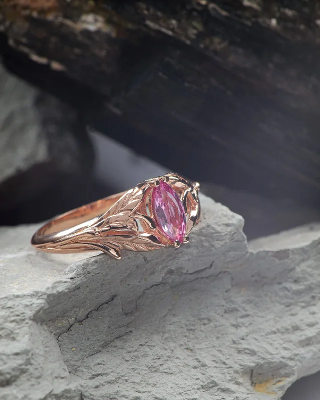 elegant engagement rings with gemstones for women-Natural pink sapphire engagement ring, leaf proposal ring with marquise cut gemstone / Wisteria