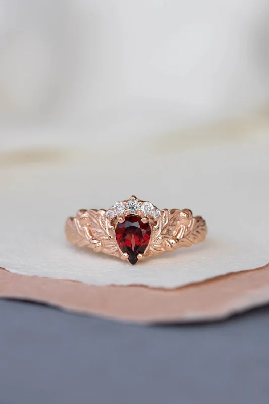 vintage engagement rings for women-Diamond crown and garnet engagement ring, gorgeous nature inspired proposal ring / Royal Oak