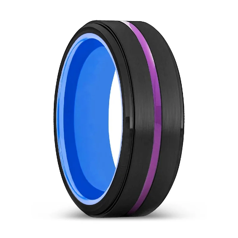 antique-inspired rings for women-CANBERRA | Blue Ring, Black Tungsten Ring, Purple Groove, Stepped Edge