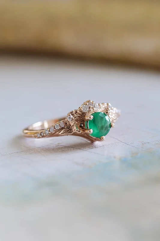 modern engagement rings for women-Emerald and diamonds engagement ring, leaf and vine gold ring / Amelia