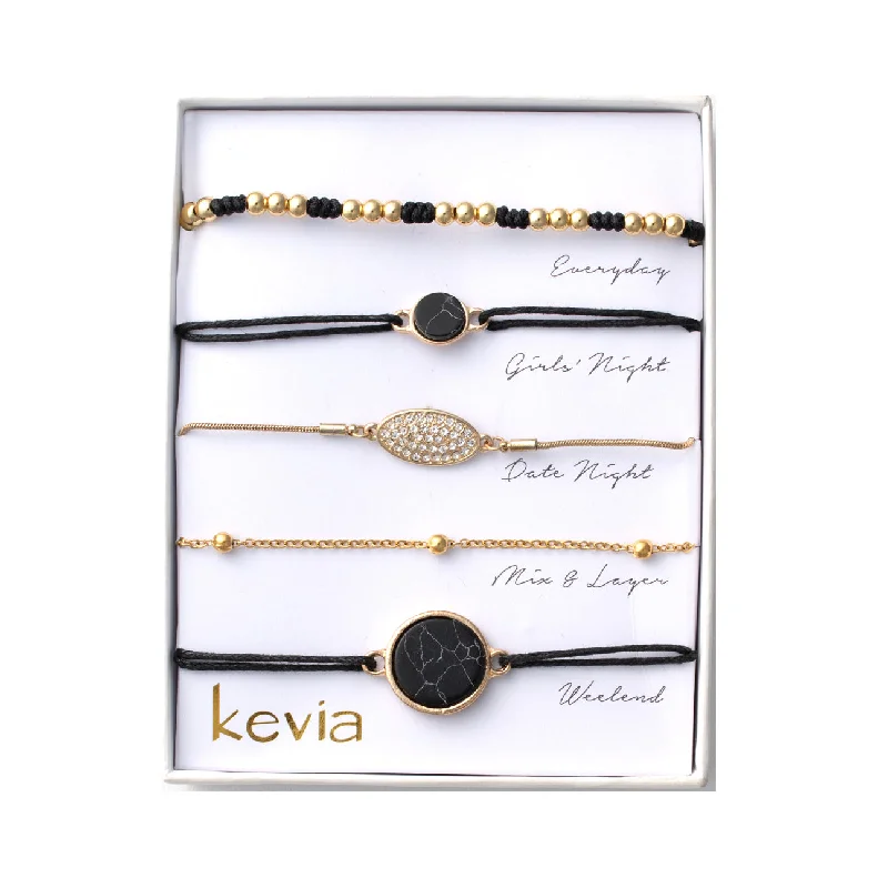 stackable bangles and bracelets for women-Black Marble & Gold Bracelet Set