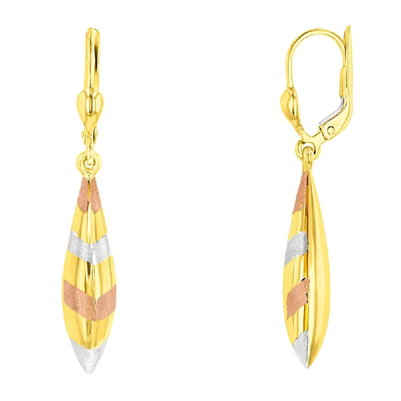 silver earrings for women-14k Yellow Gold Tri-Color Teardrop Dangle Drop Earrings, 6mm