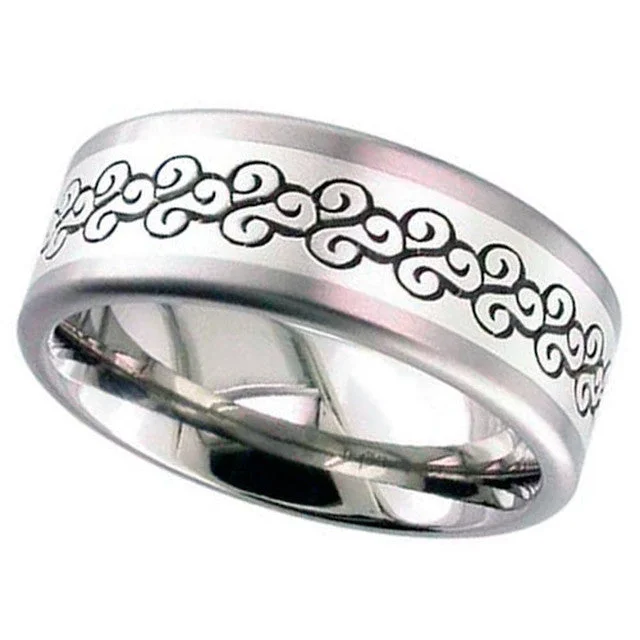 custom-designed rings for women-Titanium Laser Engraved Patterned Ring - 2218L2H1-5MMSILV