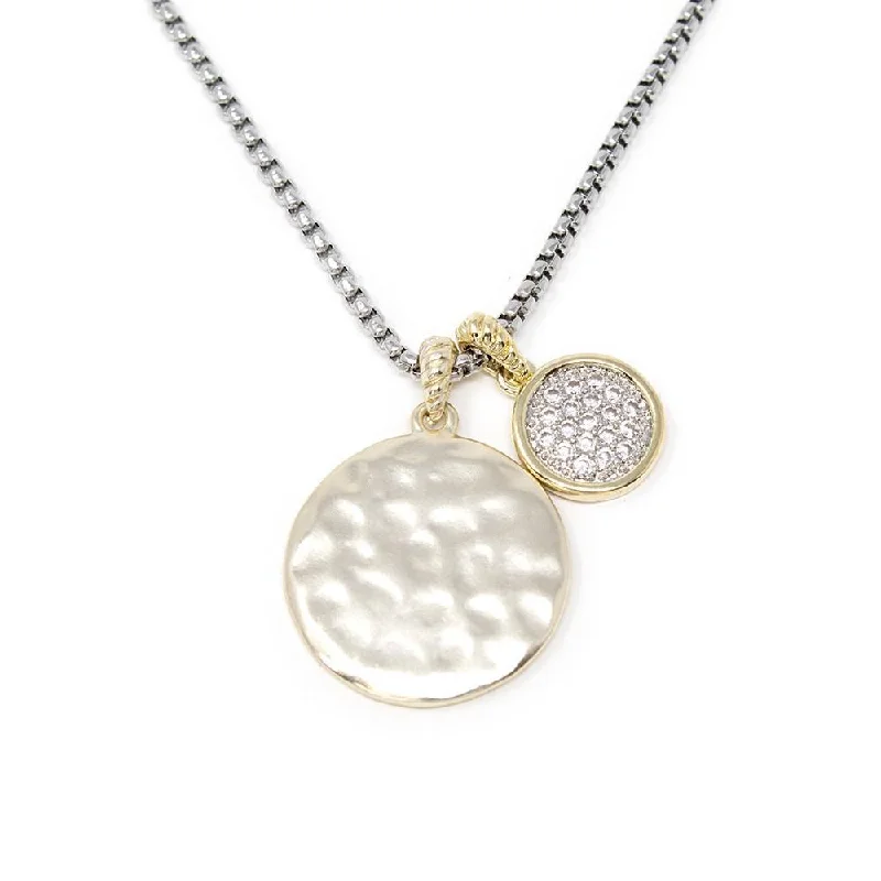 boho necklaces for women-Two Tone Pave Hammered Disc Pendant Necklace