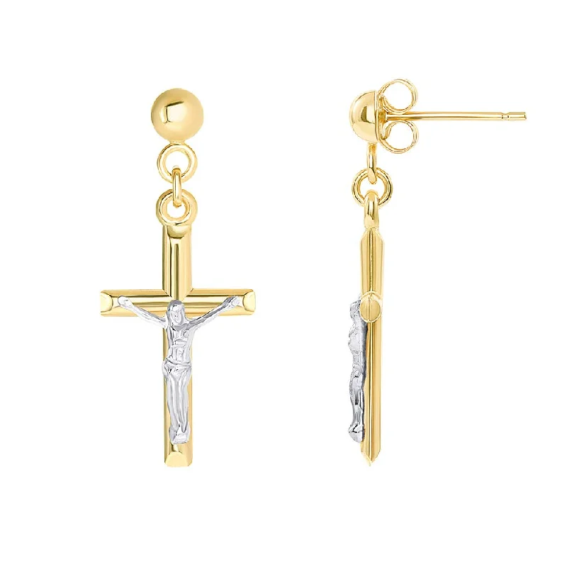 personalized earrings for women-14k Yellow Gold Religious Crucifix Two-Tone Cross Dangle Studs Earrings with Friction Back