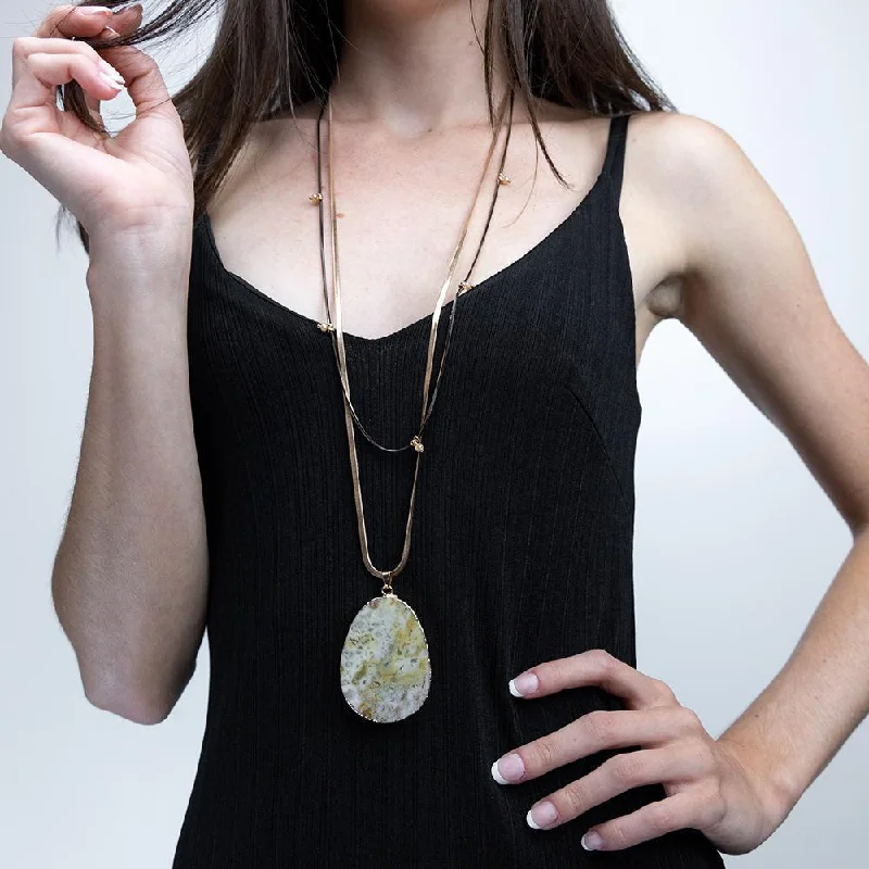 beach-inspired necklaces for women-Two Tone Double Long Necklace with Semiprecious Stone Pendant Cha