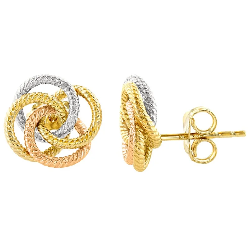 antique-style earrings for women-14K Tri-Color Gold Twisted Love Knot Stud Eternity Rope Earrings, 10mm