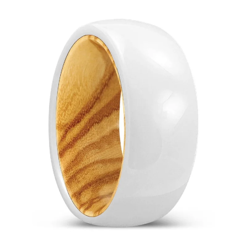 romantic rings for women-HARVEST | Olive Wood, White Ceramic Ring, Domed