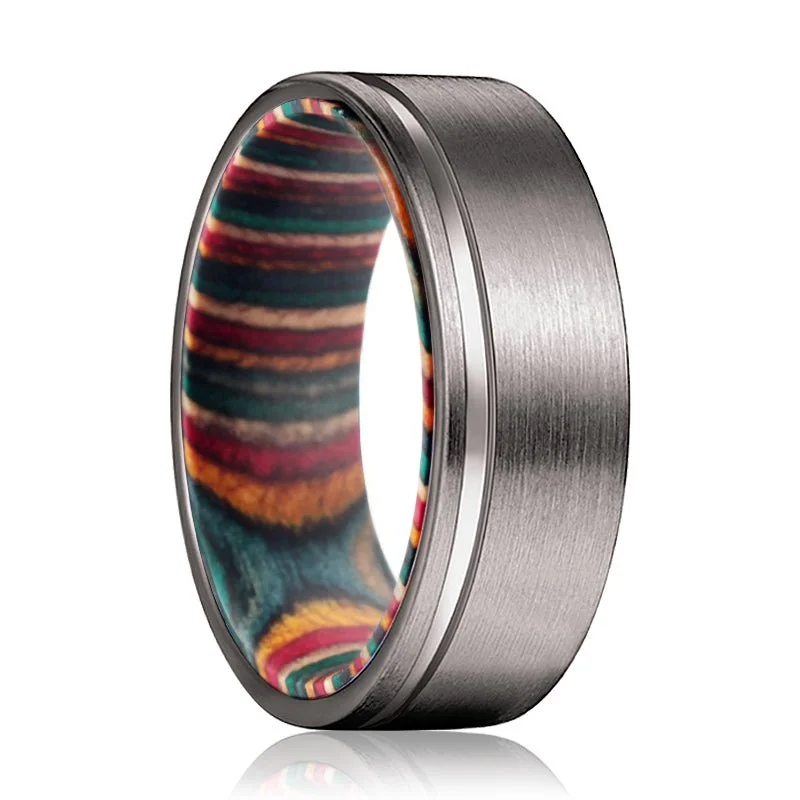 bridal rings for women-BOW | Multi Color Wood, Gunmetal Tungsten Offset Groove