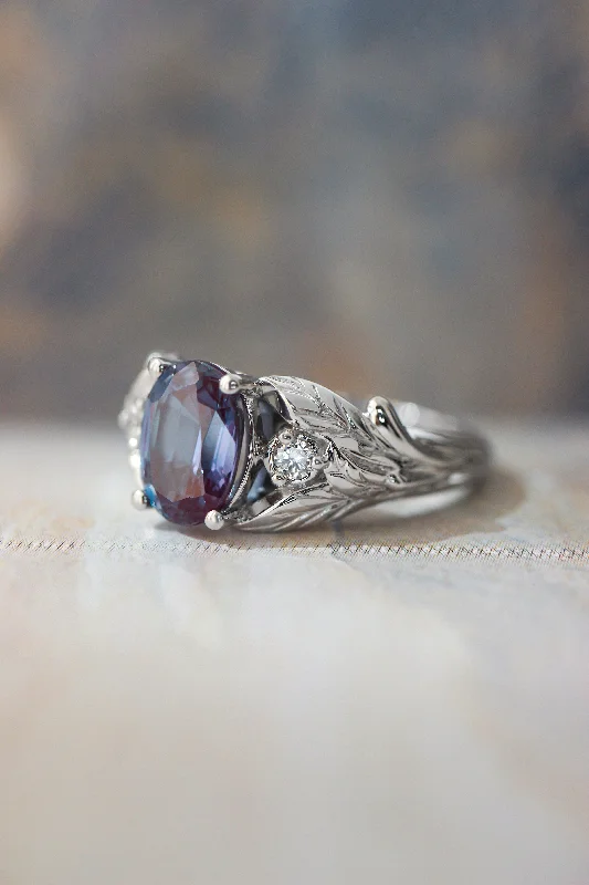 minimalist engagement rings for women-Oval alexandrite ring with diamonds, leaf engagement ring / Wisteria