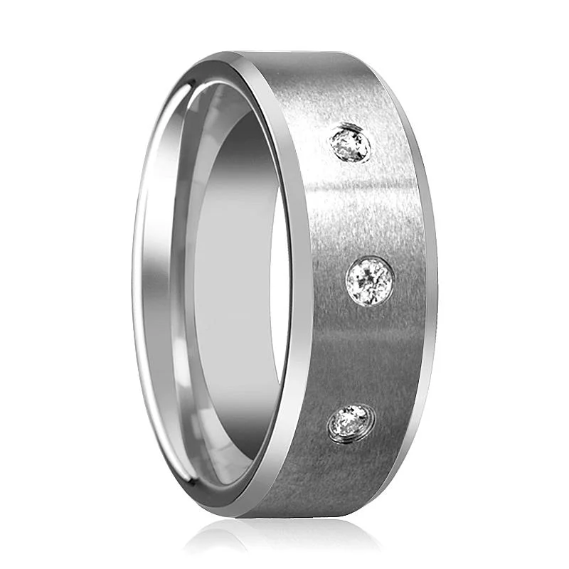 handmade rings for women-SAMUEL | Silver Tungsten Ring, 3 Diamonds, Beveled