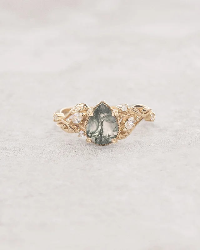 custom engagement rings for women-Pear moss agate engagement ring with diamonds, gold leaf branch proposal ring / Patricia