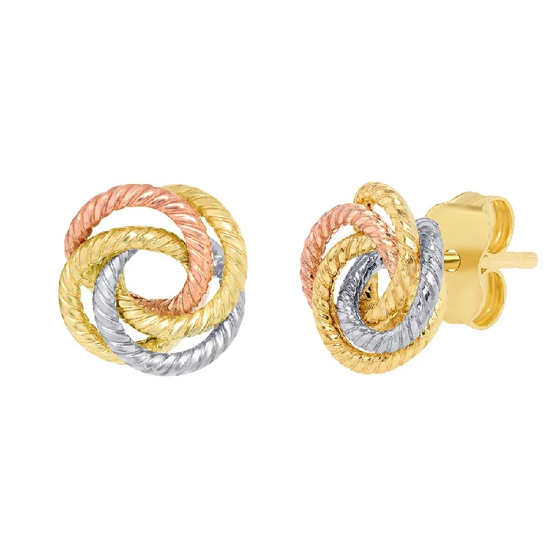 stud earrings with gemstones for women-14K Tri-Color Gold Twisted Love Knot Stud Rope Earrings, 9mm