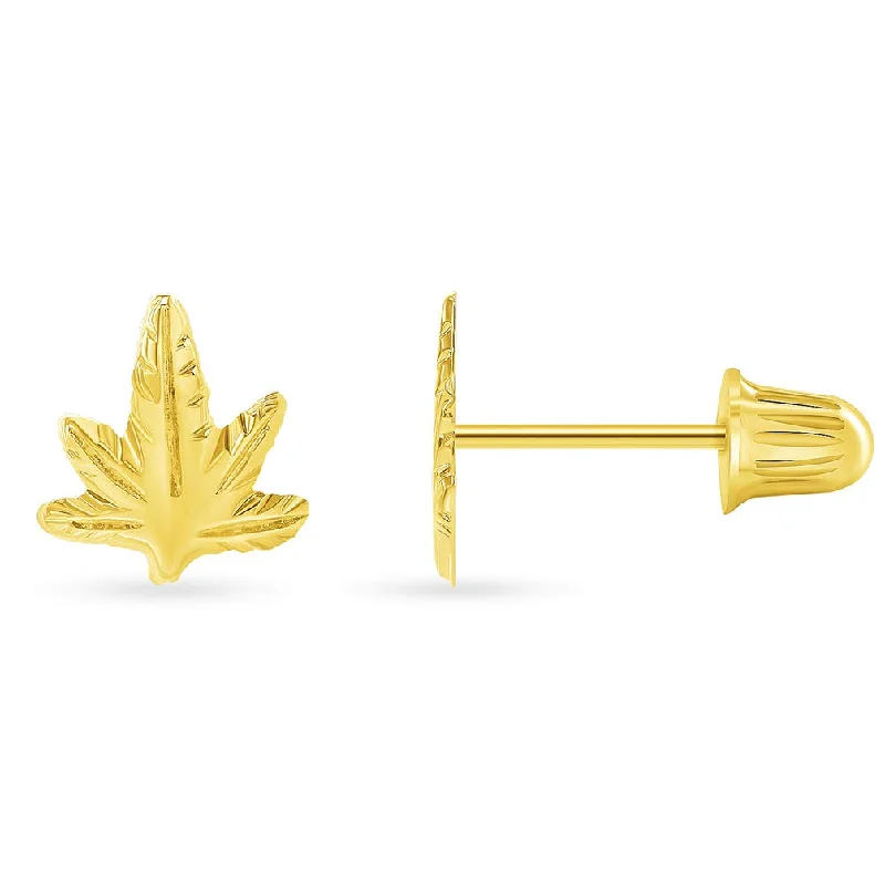 statement earrings for women-Solid 14k Yellow Gold Marijuana Weed Leaf Stud Earrings with Screw Back