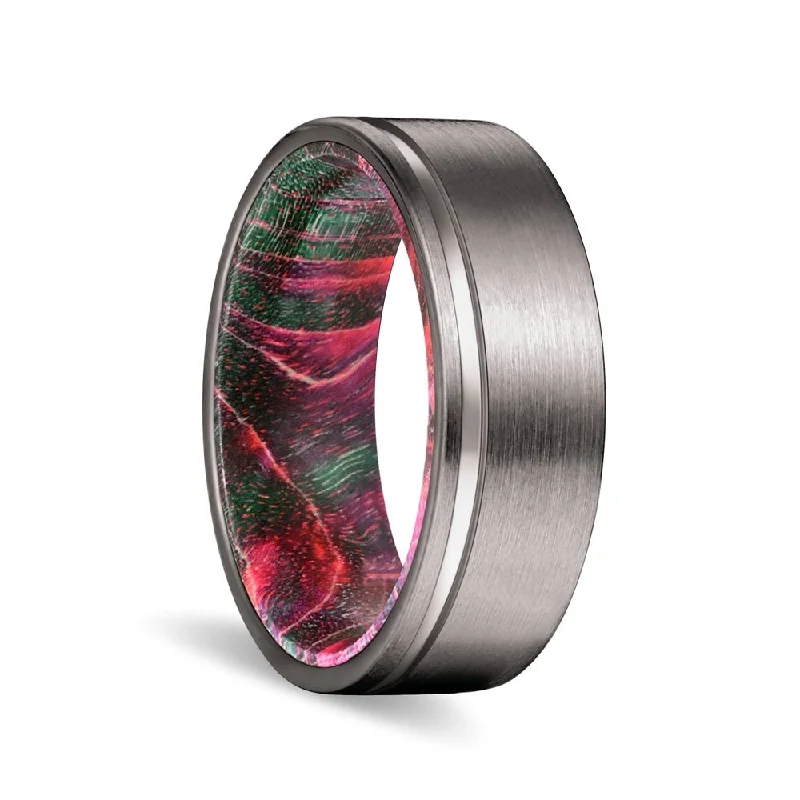 luxury rings for women-MAJESTY | Green and Red Wood, Gunmetal Tungsten Offset Groove