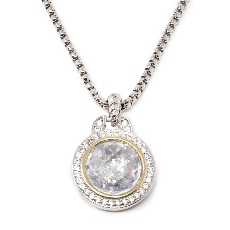 pendant necklaces for women-Two Tone Round Faceted Clear CZ Pendant Necklace