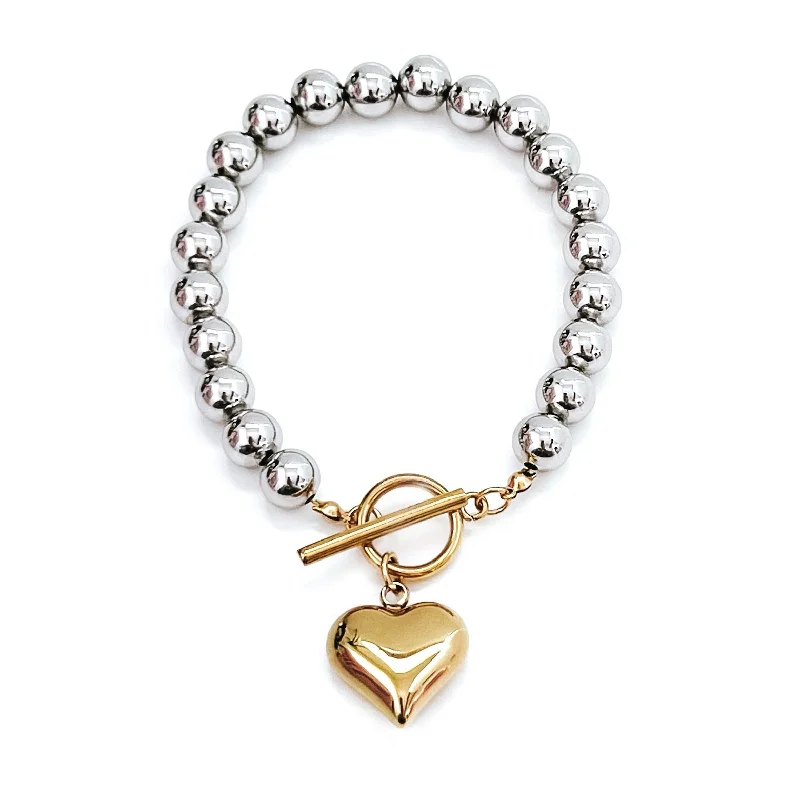 modern bangles for women-Bobbi Mixed Metal Beaded Heart Charm Bracelet