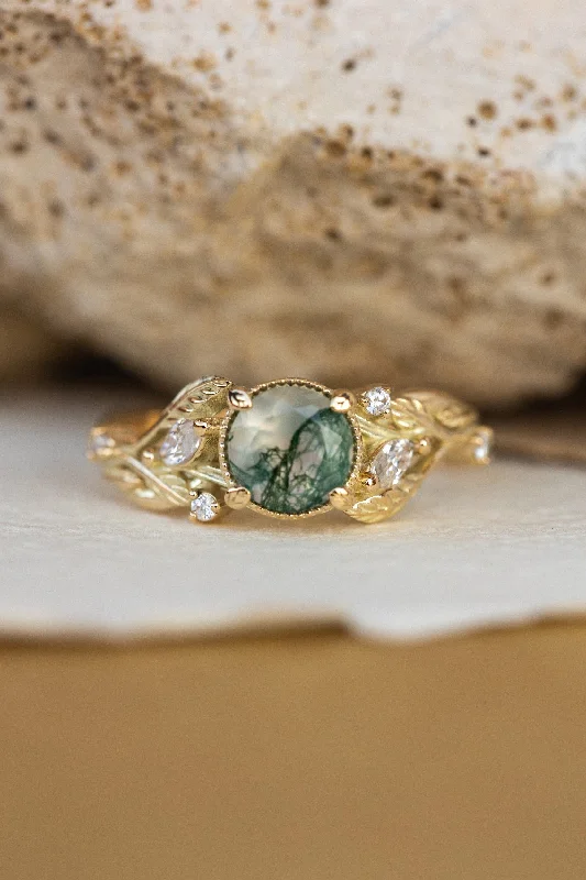 gemstone engagement rings for women-Round moss agate engagement ring, gold promise ring with accent diamonds / Patricia