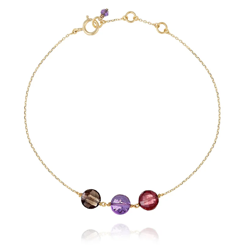 sterling silver bracelets for women-Trio Pastille Bracelet Amethyst, Red Garnet, Smoky Quartz -18k Gold