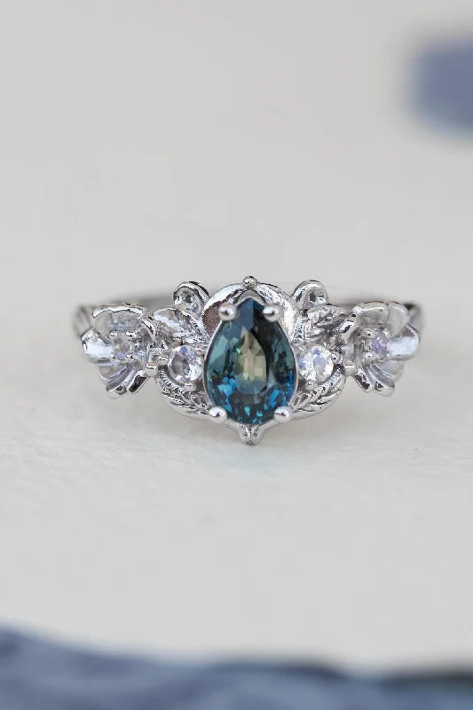 romantic diamond engagement rings for women-Teal sapphire and accent moonstones engagement ring, floral baroque style ring / Adelina