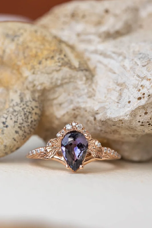 custom-made engagement rings for women-Purple tanzanite engagement ring, nature inspired gold proposal ring with diamonds / Amelia