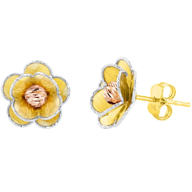 beautiful earrings for women-14K Tri Color Gold Textured Blooming Flower Stud Floral Earrings, 12.5mm