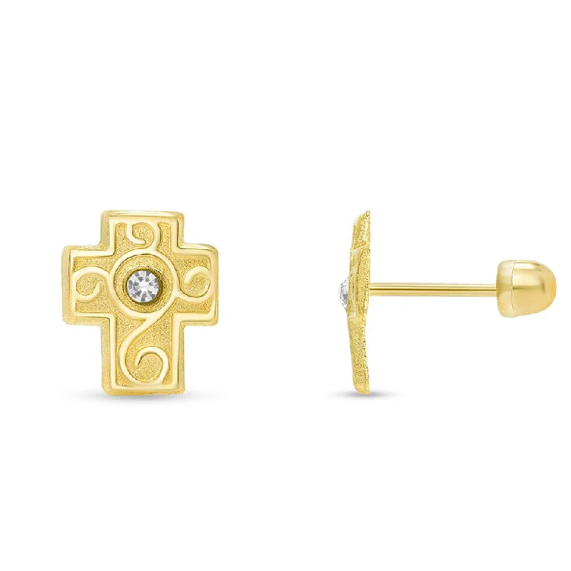 custom stud earrings for women-14k Yellow Gold Cubic-Zirconia Religious Ornate Latin Cross Stud Earrings with Screw Back