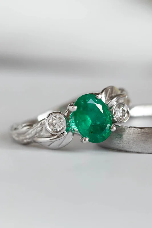 high-end engagement rings for women-Emerald engagement ring with diamonds, white gold branch engagement ring / Arius