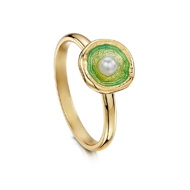 chic engagement rings for women-Lunar 18ct Yellow and Enamel Gold Ring With Pearl - ESR00249