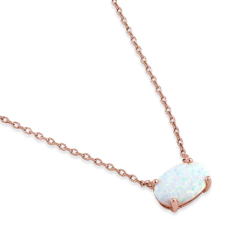 sterling silver necklaces for women-Sterling Silver Rose Gold Plated Oval White Lab Opal Necklace