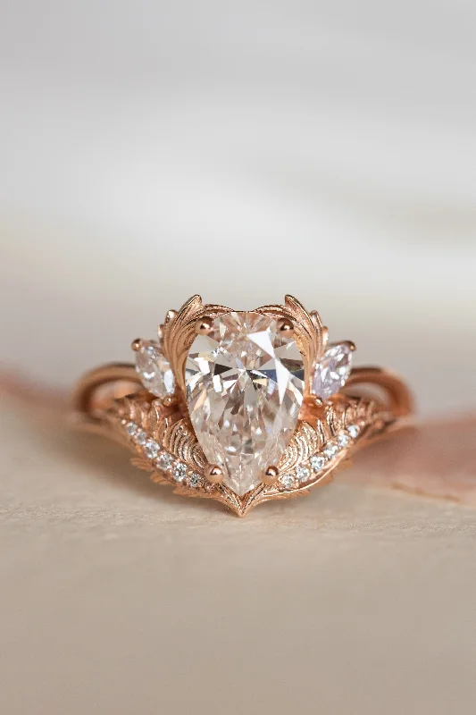 unique gold engagement rings for women-Lab grown diamond engagement ring, rose gold ring with pear cut gemstone / Adonis