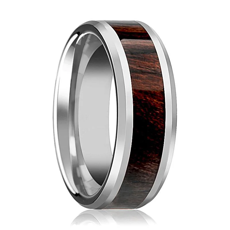 custom rings for women-KEVAZ | Silver Tungsten Ring, Bubinga Wood Inlay, Beveled