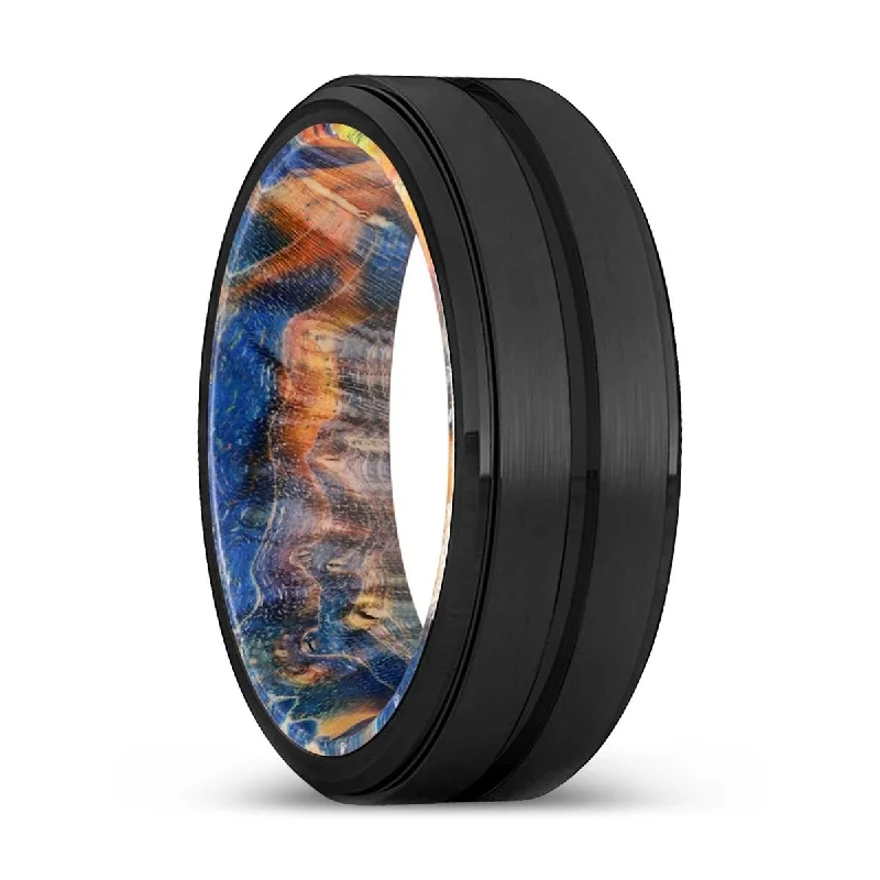 custom-designed rings for women-EDWIN | Blue & Yellow/Orange Wood, Black Tungsten Ring, Grooved, Stepped Edge