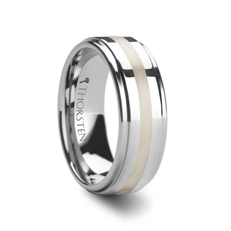 affordable engagement rings for women-LOKI | Tungsten Ring Silver Inlay Raised Center