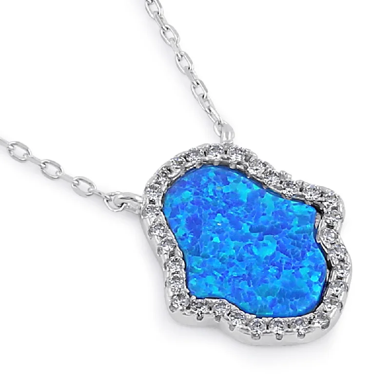 luxury gemstone necklaces for women-Sterling Silver Clear CZ and Blue Opal Hamsa Necklace