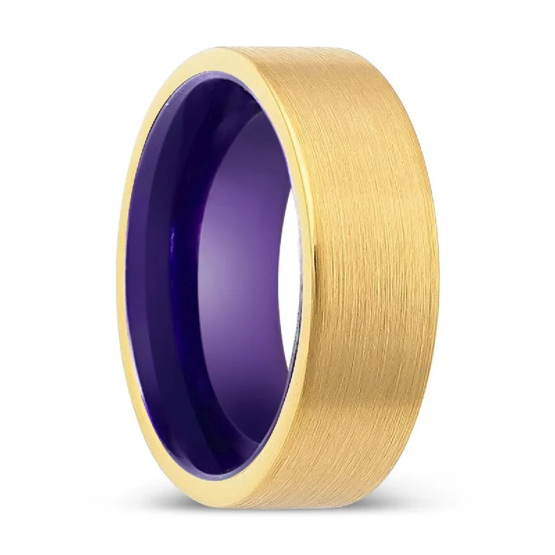 silver rings for women-WOLFDEN | Purple Ring, Gold Tungsten Ring, Brushed, Flat