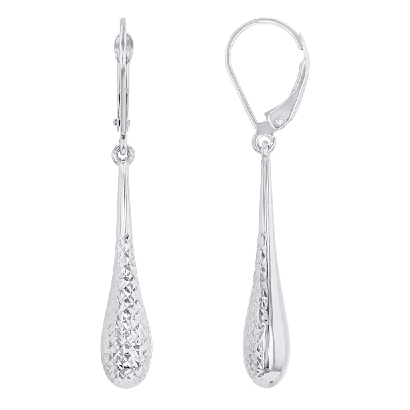 elegant earrings for women-14k White Gold Textured Teardrop Dangle Drop Earrings, 6mm