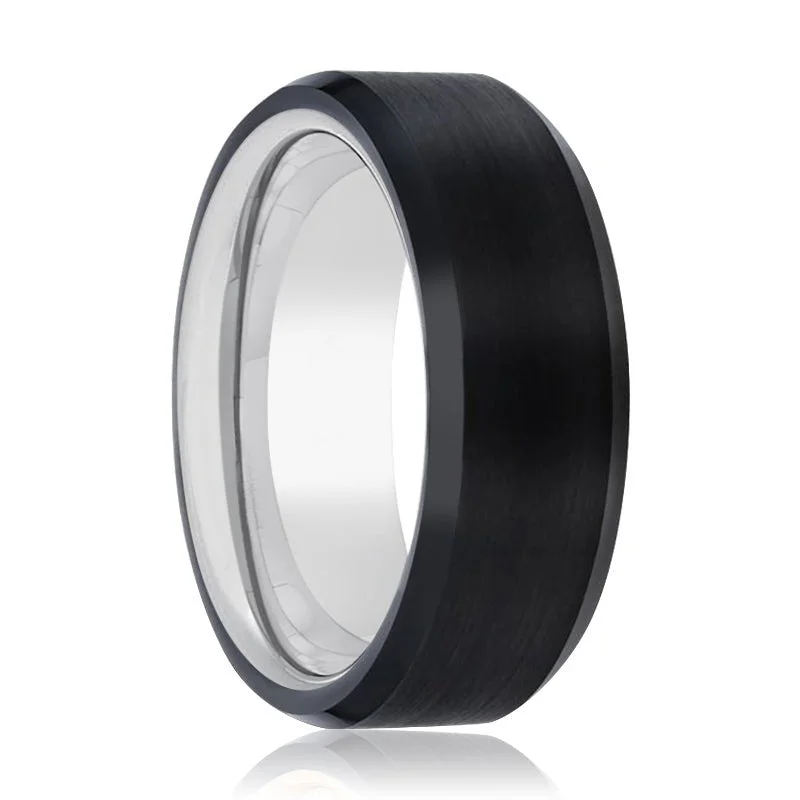 luxurious gemstone rings for women-TRON | Silver Ring, Black Tungsten Ring, Brushed, Beveled