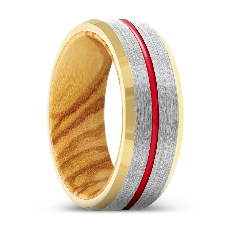 wedding rings for women-BRASH | Olive Wood, Silver Tungsten Ring, Red Groove, Gold Beveled Edge