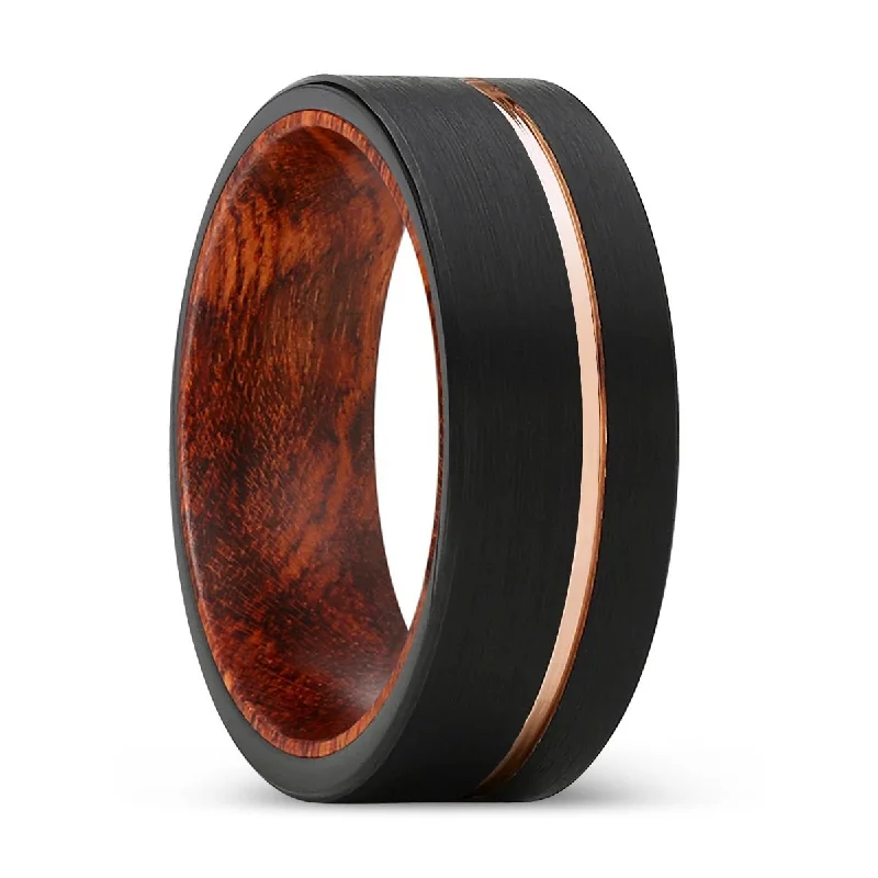 classic gold rings for women-ROAMER | Snake Wood, Black Tungsten Ring, Rose Gold Offset Groove, Brushed, Flat