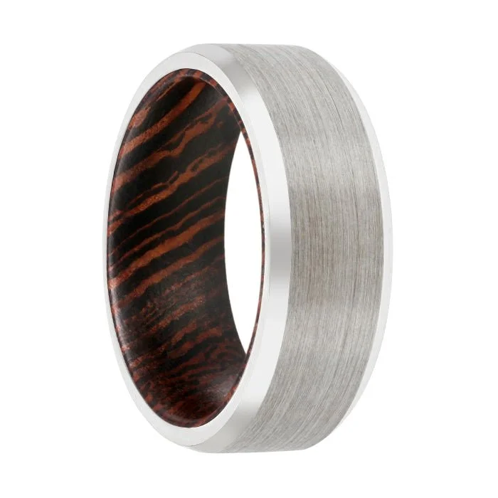 colorful gemstone rings for women-CHAMP | Wenge Wood, Silver Tungsten Ring, Brushed, Beveled