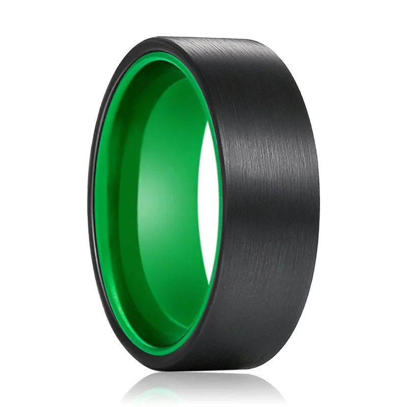 personalized gold rings for women-KERMIT | Green Ring, Black Flat Brushed Tungsten Ring