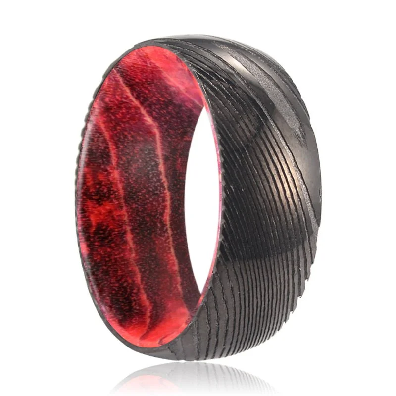 statement wedding rings for women-TRIMAX | Black & Red Wood, Gunmetal Damascus Steel Ring, Domed