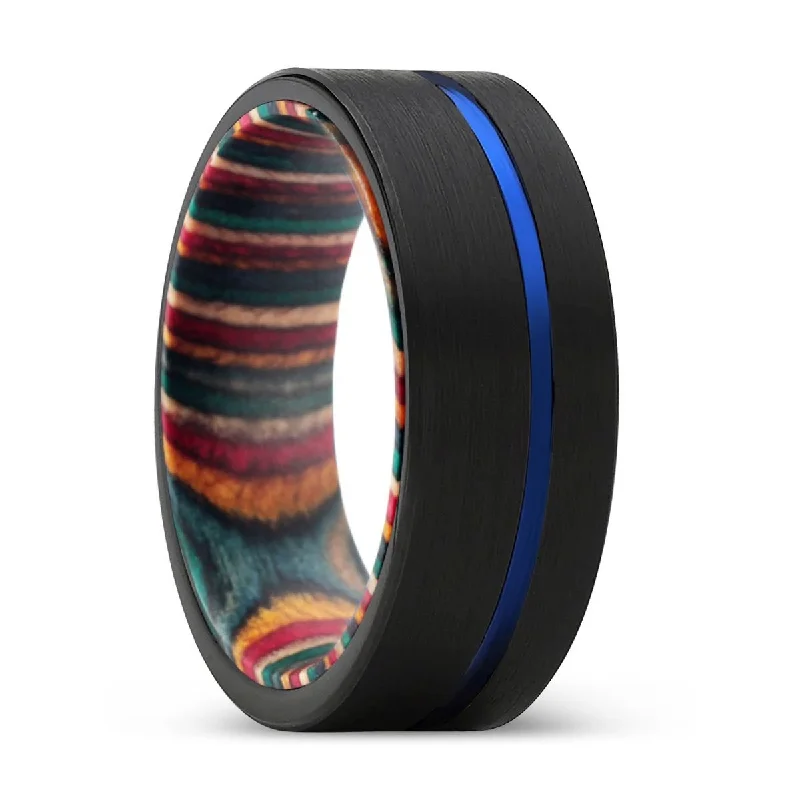 sapphire rings for women-GUST | Multi Color Wood, Black Tungsten Ring, Blue Offset Groove, Flat