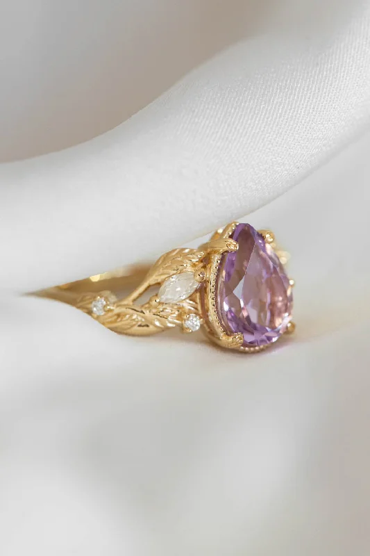 emerald gemstone engagement rings for women-Lavender amethyst nature themed engagement ring, big pear cut gemstone gold ring with diamonds / Patricia