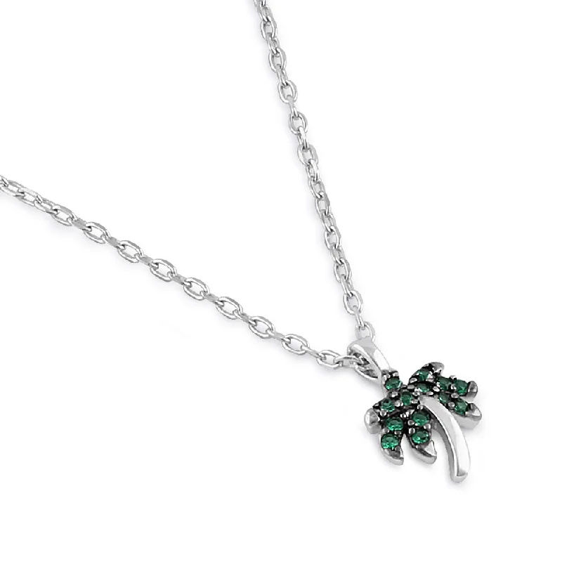 matching necklaces and bracelets sets-Sterling Silver Dainty Palm Tree Round Cut Emerald CZ Necklace