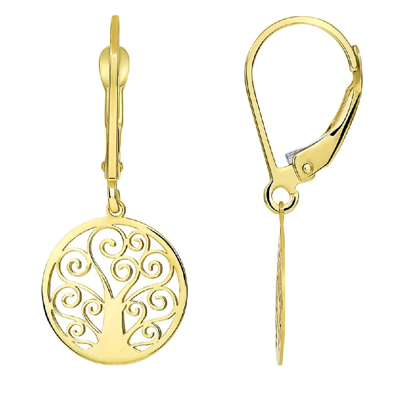 boho earrings for women-Solid 14k Yellow Gold Elegant Round Tree of Life Dangle Drop Earrings with Lever back