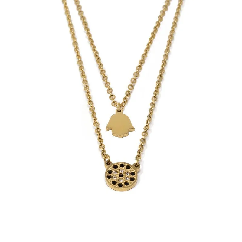 simple necklaces for women-Stainless Steel Two Layer Black CZ Pave Disc Necklace Gold Plated