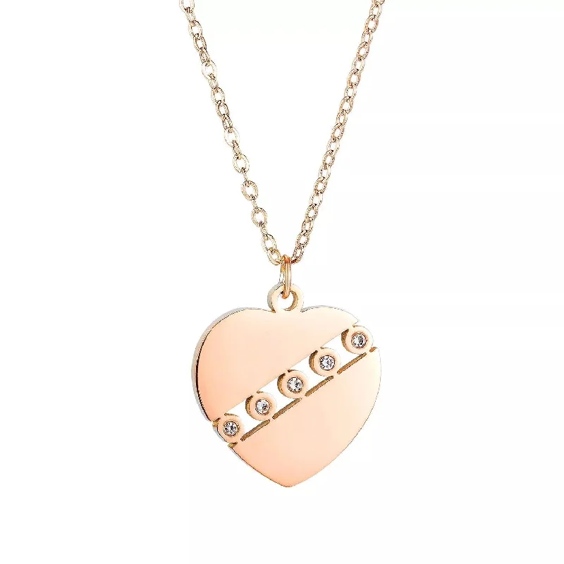 fine jewelry necklaces for women-Stainless Steel Necklace w CZ Heart Pendant RoseGold Plated